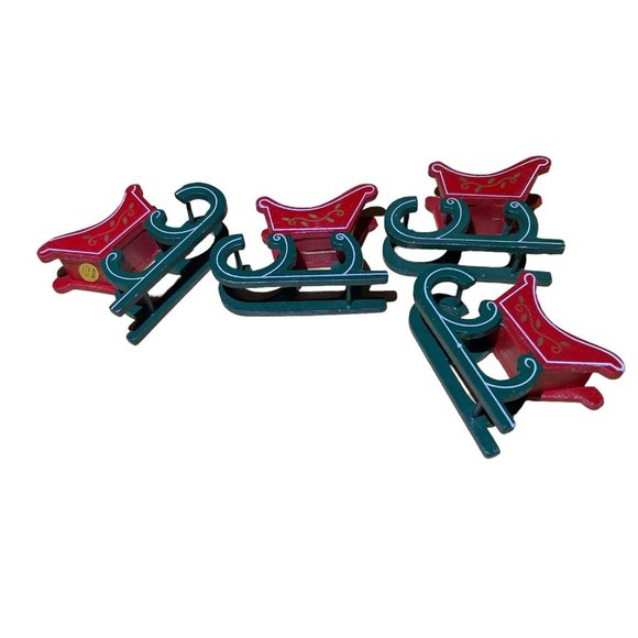 Reed VTG Christmas Sleigh Centerpiece Decor Set of 4 Red Green 4”x 1.5” Taiwan - Picture 6 of 7
